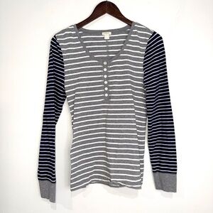 JCREW Womens Medium Navy Gray White Stripe Henley Long Sleeve Shirt E4242 KK4